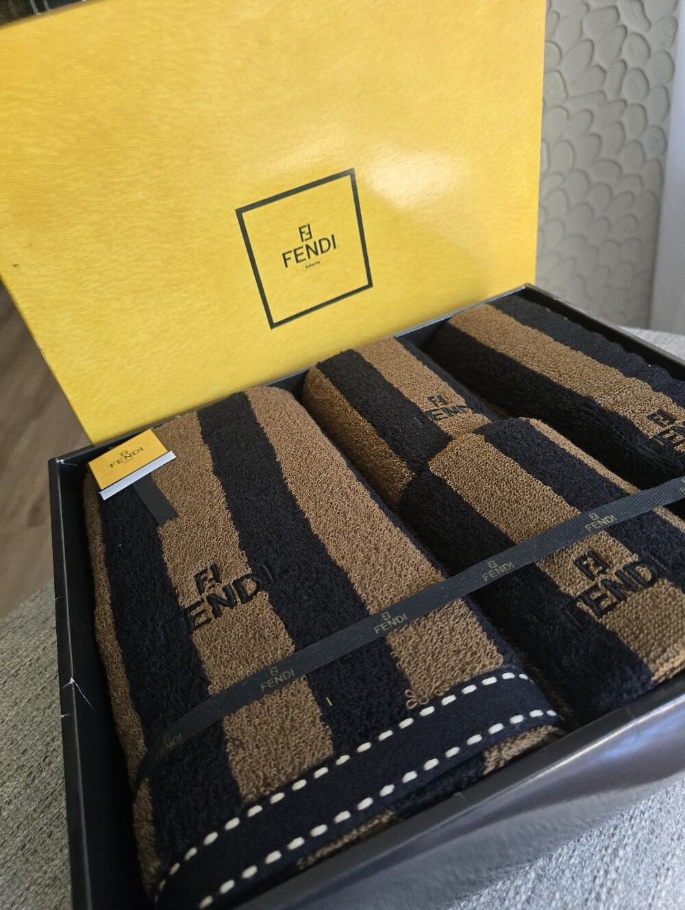 Authentic Fendi Black and Brown Striped Towel Gift Set